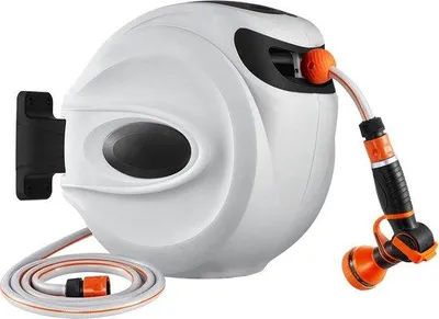 Immagine prodotto di Tubo da giardino bianco con avvolgitubo e accessori