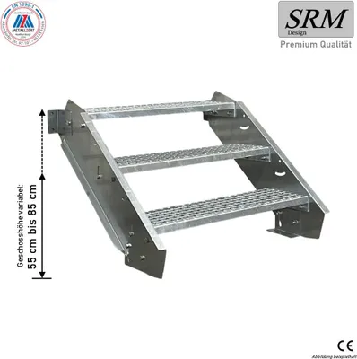 Zdjęcie produktu dla 3 stopnie schodów stalowych o szerokości 80 cm i wysokości kondygnacji 40-60 cm wraz z akcesoriami, bez poręczy