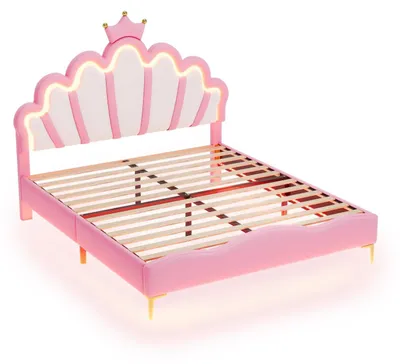 Produktbild von Kinderbett - Prinzessinnenbett 140 x 200 cm - LED Beleuchtung - Polsterbett aus Holz - Kronenförmiges Verstellbares Kopfteil - Rosa Ohne Matratze