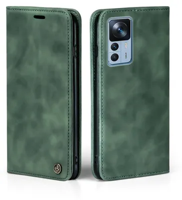 A green flip-style phone case for a Xiaomi 12T/12T Pro is shown from two angles.