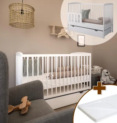 Produktbild von ZEE, Babybett Kinderbett, 2w1 Bett Grzeœ, Schutzgitter, Matratze, Weiß