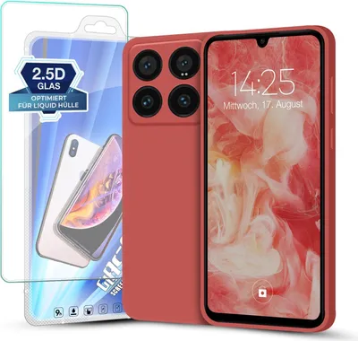 Produktbild von Hülle für Xiaomi 14 Pro mit 9H Displayglas Displayschutz Plus Case Cover Bumper Silikon Softgrip Schutzhülle Farbe: Rot