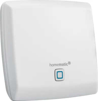 A white Homematic IP Home Control Access Point HMIP-HAP Smart Home Zentrale is shown against a white background.