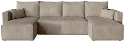 A beige U-shaped sectional sofa is shown from the front against a white background.