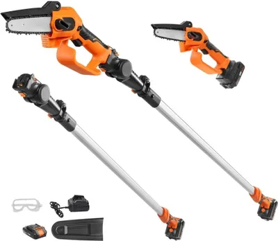 Produktbild von Mini Akku-Kettensäge 20V 2Ah, Bürstenloser Motor, 2-in-1 Akku-Hochentaster & 22000U/min Elektro-Kettensäge, Teleskop Heckenschere & Astsäge mit Teleskopstiel, Auszugslänge bis 2,43m