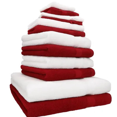 Produktbild von Betz 12-tlg. Handtuch-Set PREMIUM 2 Duschtücher 4 Handtücher 2 Gästetücher 2 Seiftücher 2 Waschhandschuhe  Farbe: weiss / rubinrot