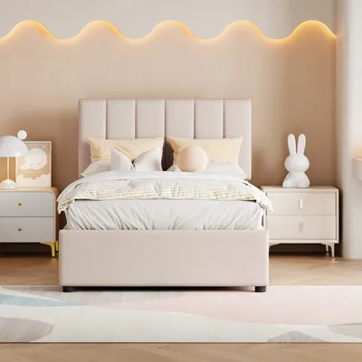 Image de OKWISH Lit coffre 90 x 200 cm - Hydraulique - Sans matelas - Beige