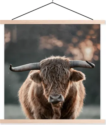 Produktbild von MuchoWow® Textilposter Kuh - Schottisches Hochlandrind - Hoorn 60x60 cm mit holzfarbenen Rahmen - Wanddekoration