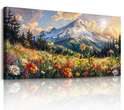 Canvas-Wandbild 73x146 cm, Schneeberg & Blumen, Naturmotiv