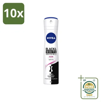 Productafbeelding van 10 x Nivea Deospray Invisible Black & White - 150 ml - Voorraadverpakking - 10 stuks