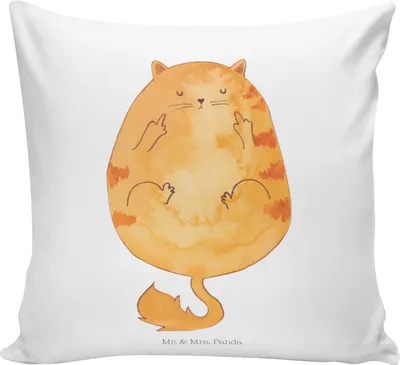 Produktbild von Mr. & Mrs. Panda Kissen 40x40 Katze Frühaufsteher - Weiß - Geschenk, kuschelkissen, Tiger, Kaffee, Sofa, Katzen, bedruckt, für, Sofakissen, Mittelfinger