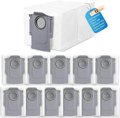 A product shot of vacuum cleaner dust bags, with a tag indicating quantity and compatibility.