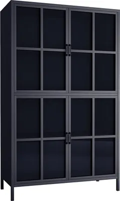 Produktbild von Trade Point Highboard CHOICE, schwarz, H 160 B 85 T 40 cm, Metall und Glas, Modern, Wohnzimmer-/Esszimmervitrine, Glastüren mit Kassettenoptik, Magnetverschluss, Retro-Griffe