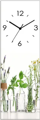 A vertical clock face with numbers and hands, superimposed over a row of glass vases containing various herbs and flowers.