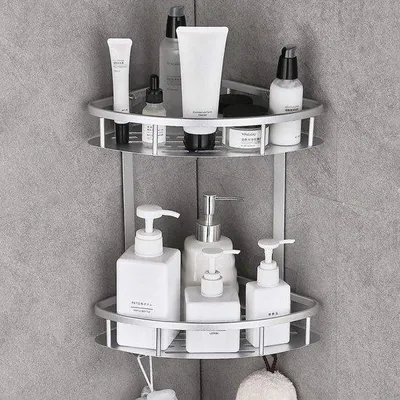Produktbild von Famanu Duschregal selbstklebend - Aluminium, mit 2 Haken, für Küche und Bad, silber
