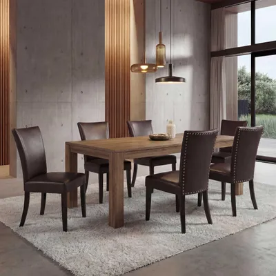 Image de lot de 6 chaises de salle à manger Chesterfield, chaise de cuisine, rivets FSC®- ~ similicuir, marron, pieds foncés