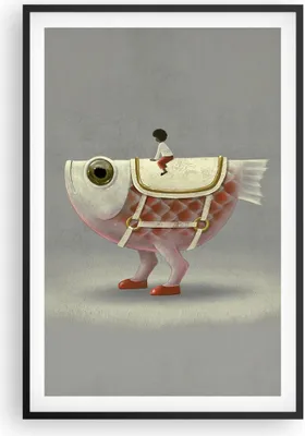 Produktbild von Gerahmtes Poster - Schwarzer Rahmen - Surreal Fisch Kind - 61x91,5 cm - Wand Bild - Wanddeko - Wandbilder - Kunstposter - Wandposter - Bilderrahmen - Bilder - Kunstdruck - P2BPA61x91-4897