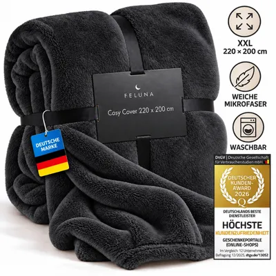 Produktbild von Feluna XXL Kuscheldecke 220x200 cm Schwarz – Flauschige Wohndecke mit weichem Kaschmir-Touch – Tagesdecke aus Fleece für Sofa & Bett