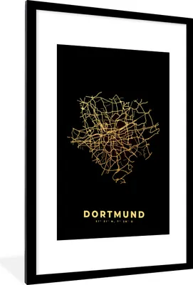 Produktbild von MuchoWow® Gerahmtes Poster Dortmund - Gold - Karte - Stadtplan 60x90 cm - Poster mit Schwarzem Bilderrahmen Wandposter Rahmen Foto Bilder - Dekoration - Wandposter Wohnzimmer - Hochwertig