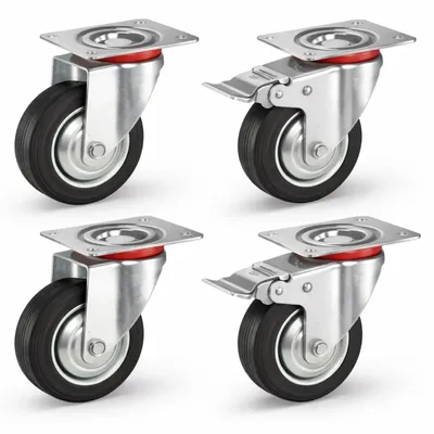 Produktbild von 4er Set Schwerlastrollen mit Bremse – Lenkrollen bis 400 kg belastbar – Transportrollen Möbel, Werkbank, Maschinen, Rollwagen (4x Lenkrollen ∅10 cm)