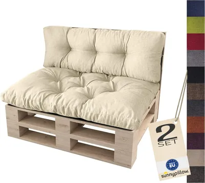 Produktbild von sunnypillow Palettenkissen für Palettenmöbel - 2er Set - Palettenauflage für Palettensofa - Palettenpolster für Garten, Gesteppte Kissen für Europaletten - Sitzkissen & Rückenkissen Cremefarben