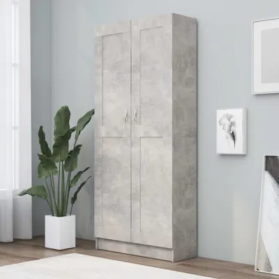 A tall, modern cabinet with two sets of double doors is shown in a room with light gray walls. A large potted plant with green leaves is on the left side of the cabinet, and framed artwork is on the right wall. A rug is visible in the foreground.