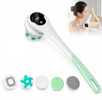 Produktbild von Elektrische Duschbürste mit langem Griff, wiederaufladbare Körperbürste mit 5 Bürstenköpfen, wasserdichte Massage- und Peeling-Bürste für Dusche und Körperpflege