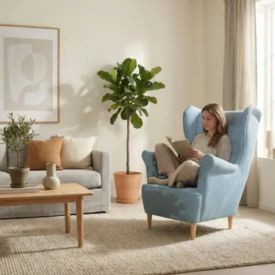 Produktbild von Ohrensessel ZOJA Aura – skandinavischer Sessel mit ergonomischer Lehne, Velours Hellblau, Family Meble
