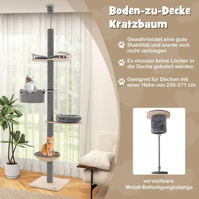 Produktbild von Kratzbaum deckenhoch 236-271 cm von Boden bis Decke Katzenmöbel Holz Grau