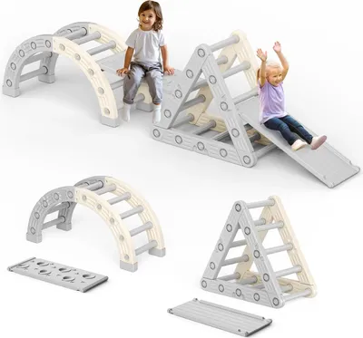 Produktbild von Baby Klettergerüst Pikler Dreieck Set - Indoor Spielplatz - Rutsche, Rampe und Bogen - Montessori Kletterdreieck für Kleinkinder <3 Jahre - Plastik - Hellgrau