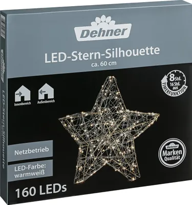 Produktbild von Dehner LED-Stern Silhouette, mit 160 LEDs/Timer, warmweiß, für Indoor/Outdoor, Schutzklasse II / IP44, 60 x 60 x 6.5 cm, Metall, silber