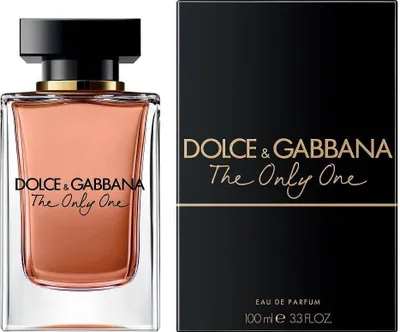 A bottle of Dolce & Gabbana The Only One Eau de Parfum and its packaging are shown against a white background.