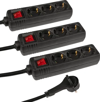 Three black power strips with red on/off switches and European-style plugs are arranged diagonally on a white background.