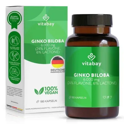 Produktbild von Vitabay Ginkgo Biloba 6000mg Hochdosiert - 180 Ginkgo Kapseln VEGAN - Kapseln mit 24% Flavone & 6% Lactone - Hochdosiert und Vegan