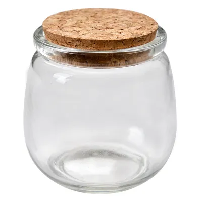 A clear glass jar with a cork lid, isolated on a white background.