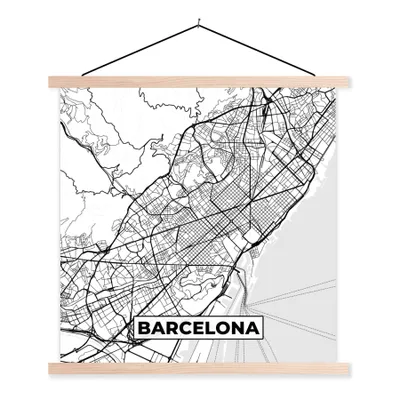 Produktbild von MuchoWow® Textilposter Karte - Barcelona - Stadtplan - Schwarz und weiß 120x120 cm mit holzfarbenen Rahmen - Textil-Poster