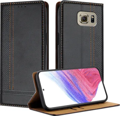 Produktbild von Handyhülle für Samsung Galaxy S6 Leder Flip Klappbare Schutzhülle mit Standfunktion Schwarz