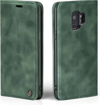 A green flip case for a Samsung Galaxy S9 is shown from two angles.