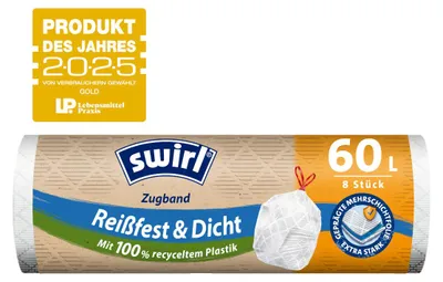 Zdjęcie produktu dla Worki na śmieci Swirl z elastycznym sznurkiem 60 l, opakowanie 8 szt