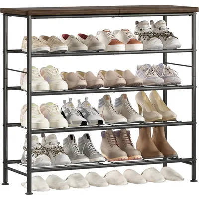 Immagine prodotto di Scaffale per scarpe, 5 ripiani, aspetto legno scuro, colore nero, dimensioni 80x30x72 cm, materiali: metallo e MDF
