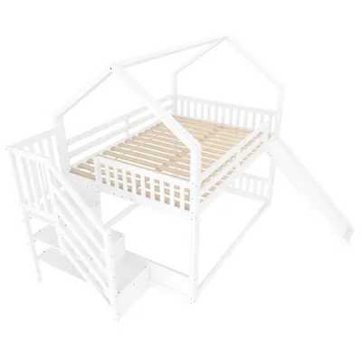 Produktbild von Flieks Etagenbett 140x200cm mit Rutsche, Kinderbett Hausbett mit Treppe, Hochbett mit Rausfallschutz und Lattenrost, Doppelbett Kinder, Weiß