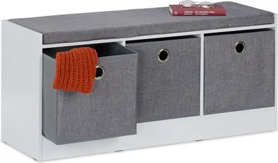 Produktbild von Relaxdays Sitzbank, Polsterbank mit 3 Stoff-Schubladen, HxBxT: 46 x 102 x 32 cm, MDF, Aufbewahrungsbank, weiß/grau