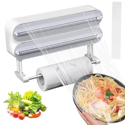 Produktbild von PromoHome® 3-in-1 Frischhaltefolien-Dispenser mit Alufolienhalter und Küchenrollenhalter, magnetisch, mit Schneider, grau