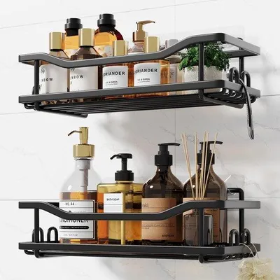 Productafbeelding van Unyqoos® Zelfklevende doucheplankset, 2-delig, roestvrij staal – zonder boren, ruimtebesparend, afmetingen 32×13×7,6 en 30,5×11,7×7,6 cm, draagvermogen 18 kg