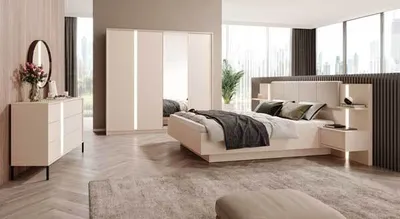 Produktbild von Schlafzimmer-Set Dast 3-teilig beige mit Metallrahmen Lattenrost Beleuchtung