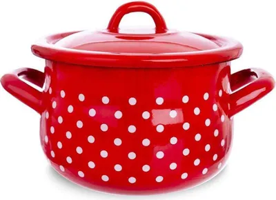 Produktbild von ORION Emaille-Topf emailliert ROT MIT WEISSEN PUNKTEN 16 cm Deckel Gas Induktion