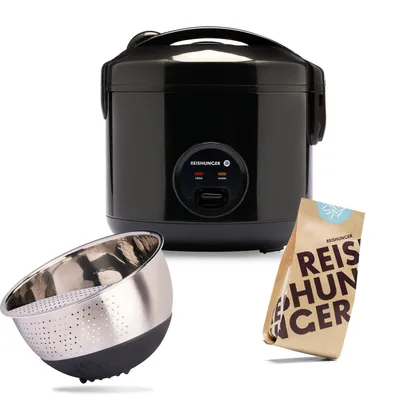 Produktbild von REISHUNGER Reiskocher & Dampfgarer mit Keramikbeschichtung Starterset (10-teilig), Schwarz - inkl. Dämpfeinsatz, Löffel, Messbecher, 8-teiligem Reisset & Edelstahl Reiswaschschüssel