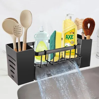 Obrázek produktu pro Kuchyňský organizér s odtokovým žlabem pod úhlem 45°, držák na utěrky a ručníky (černý)