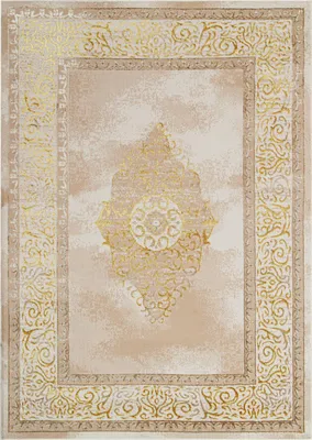 A rectangular rug with a classic design in beige and gold tones.