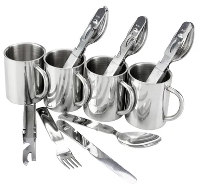 Produktbild von BW Essbesteck Set mit Thermobecher Edelstahl Campingbesteck für 4 Personen